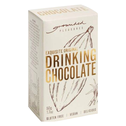 A box of Grounded Pleasures Exquisite Original Drinking Chocolate, 50g (1.7oz), shown on a plain white background.
