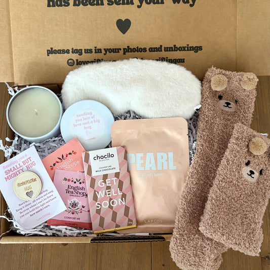 Get well Soon Gift Box full of comfort items - socks, candle, hug token, chocolate and sleep mask