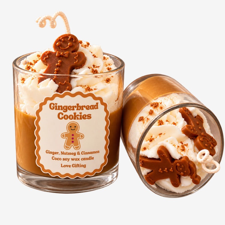 Gingerbread Cookies Christmas candle with whipped wax topping, gingerbread decorations and Love Gifting label, scented with ginger, cinnamon and nutmeg.