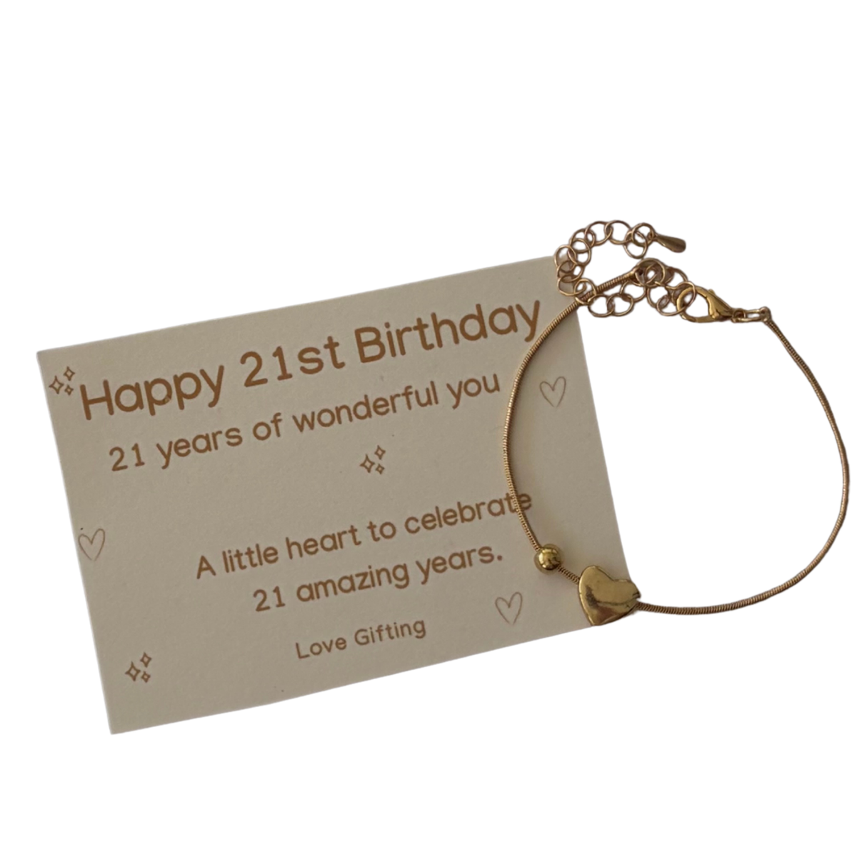 21st Birthday Gold -Tone Heart Bracelet  -Milestone Keepsake - Gift Box Extra