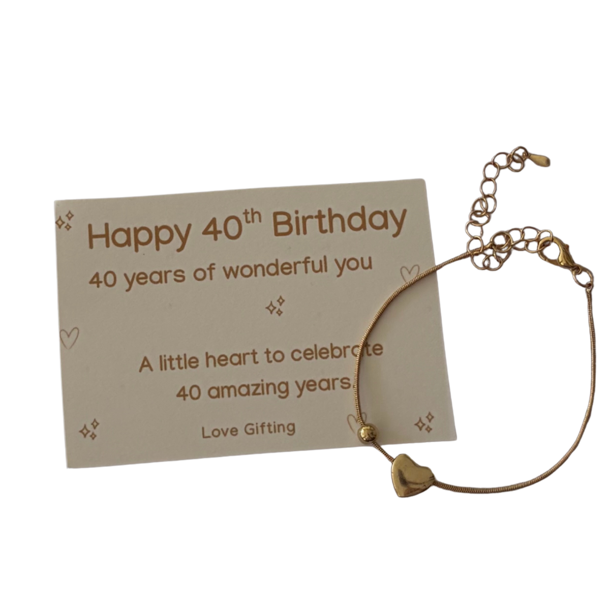 40th Birthday Gold -Tone Heart Bracelet - Milestone Keepsake - Gift Box Extra