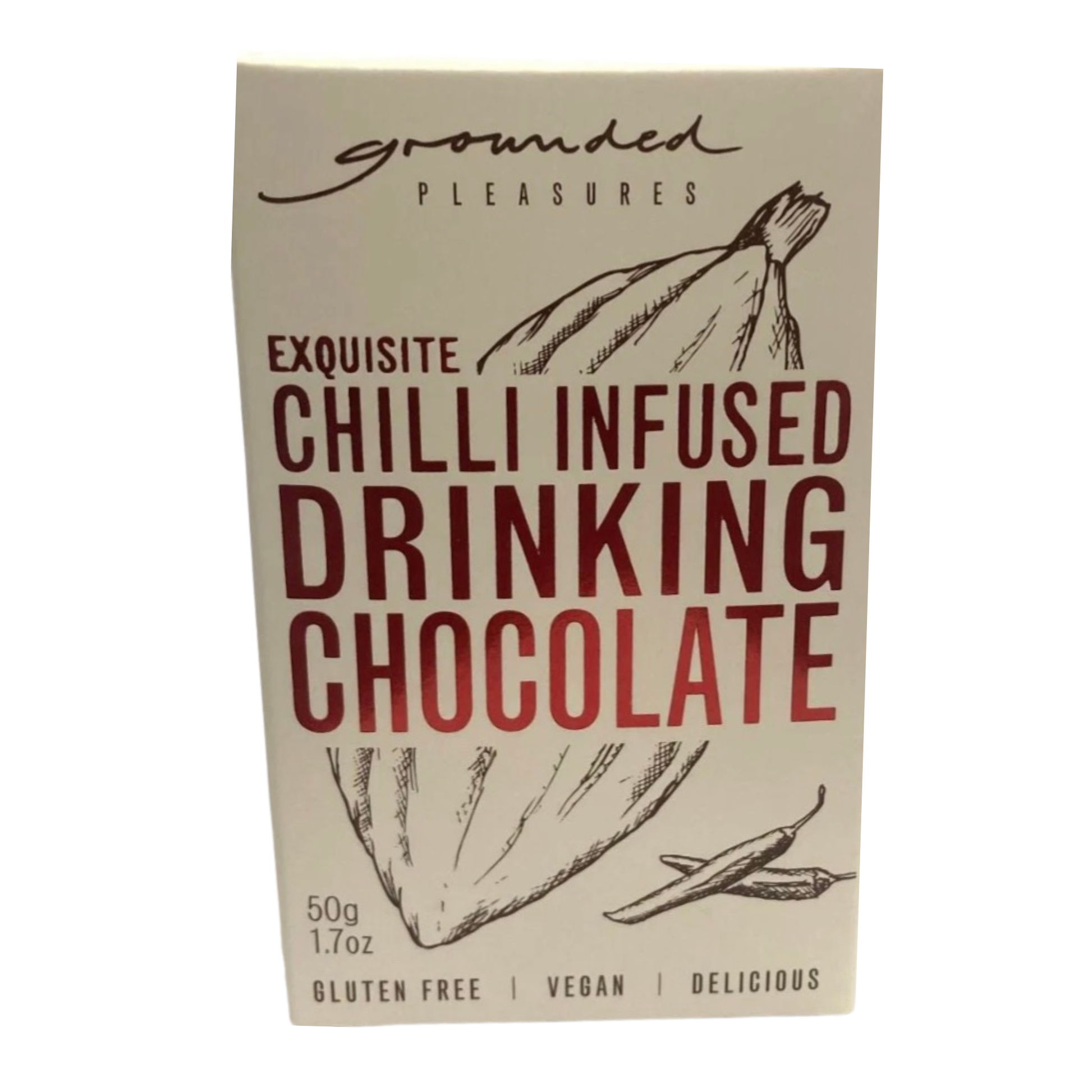A package of Grounded Pleasures Exquisite Chilli Infused Drinking Chocolate, featuring a cream-colored box with dark red and black text and illustrations of chili peppers.