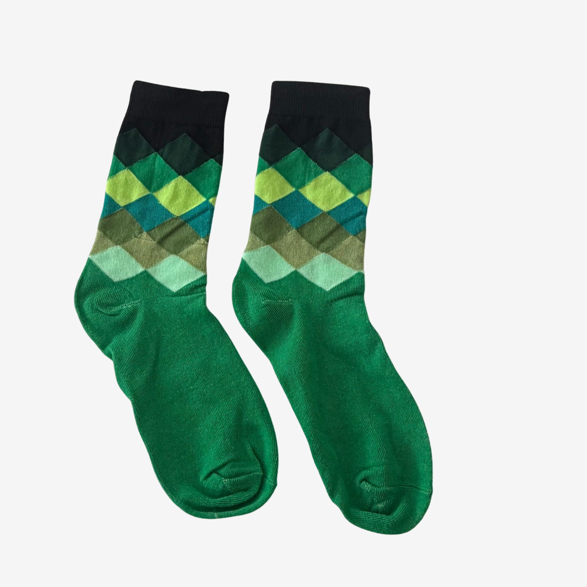 A pair of green crew socks with a multi-colored argyle pattern on the upper leg and a solid black ribbed cuff, displayed against a light gray background.