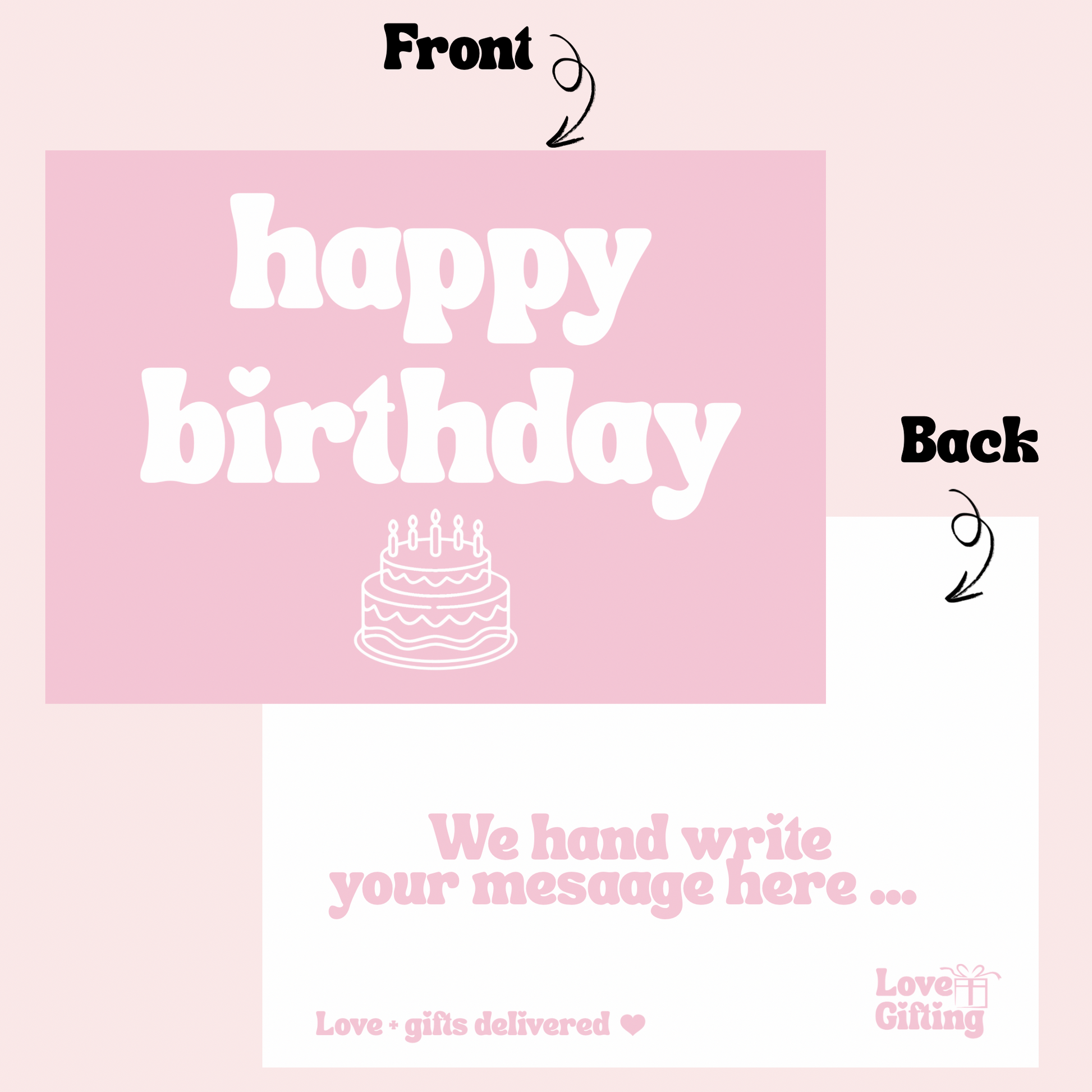 Pink birthday card with 'happy birthday' text and cake illustration on a light pink background.