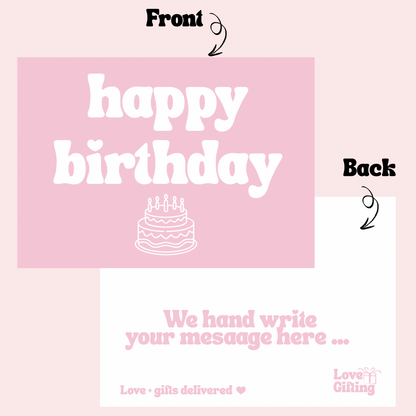 Pink birthday card with 'happy birthday' text and cake illustration on a light pink background.