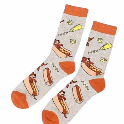 Socks with hot dog and mustard pattern on a white background