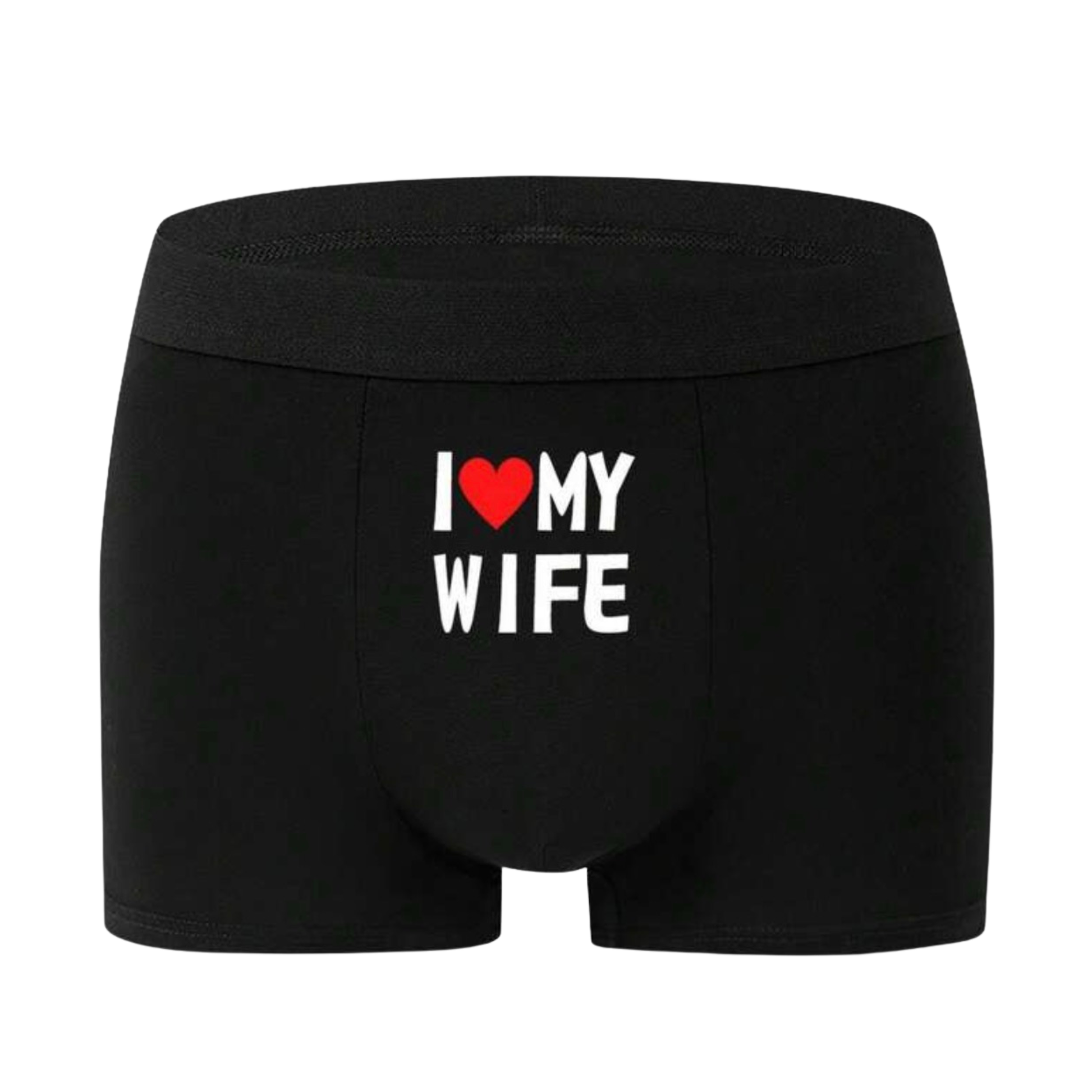 Black boxer briefs with 'I ❤️ MY WIFE' text on a white background