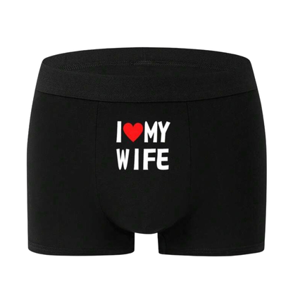 Black boxer briefs with 'I ❤️ MY WIFE' text on a white background