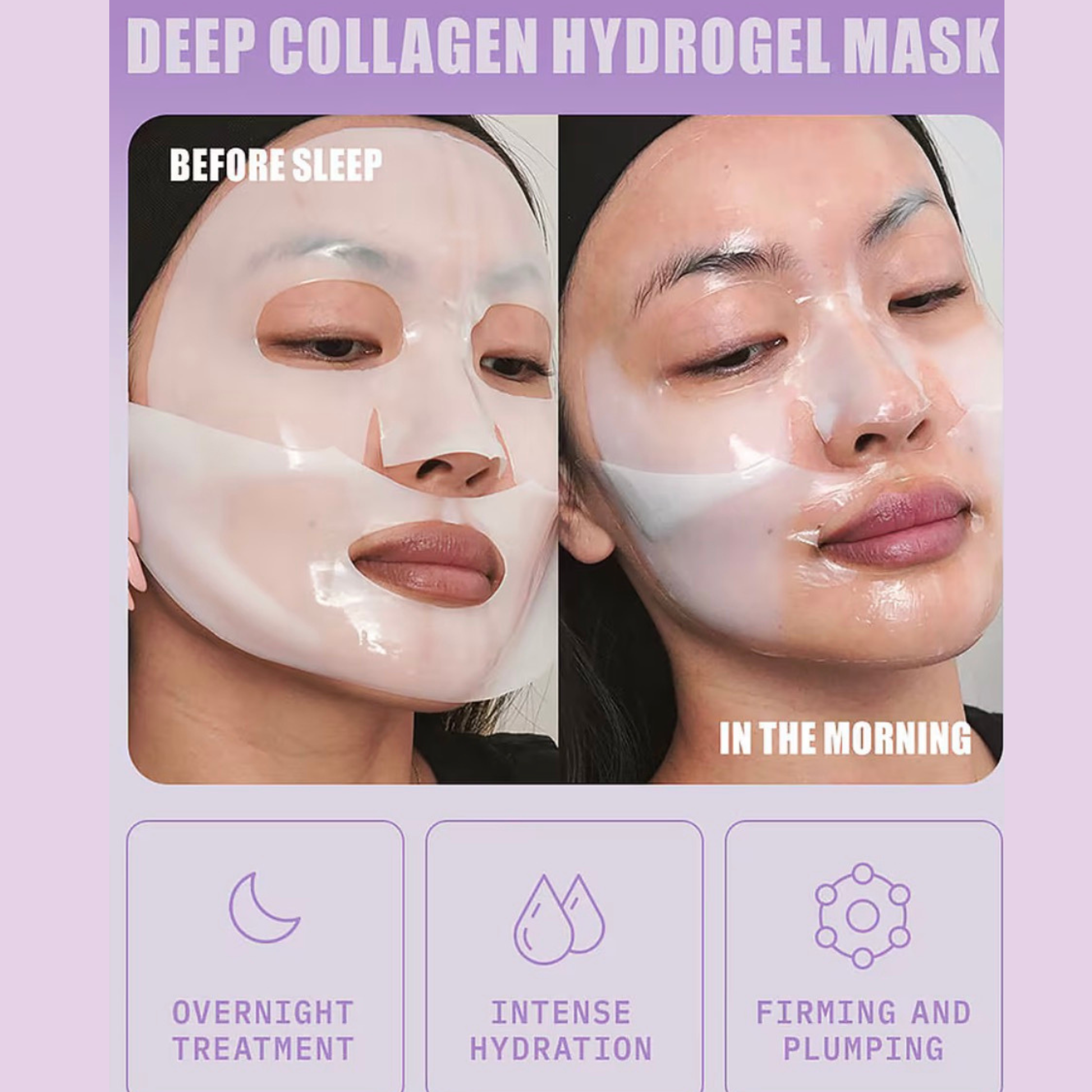 Promotional graphic for a deep collagen hydrogel mask, showing a before-and-after comparison of a woman's face. The left panel, labeled 'BEFORE SLEEP,' shows a translucent sheet mask applied overnight.