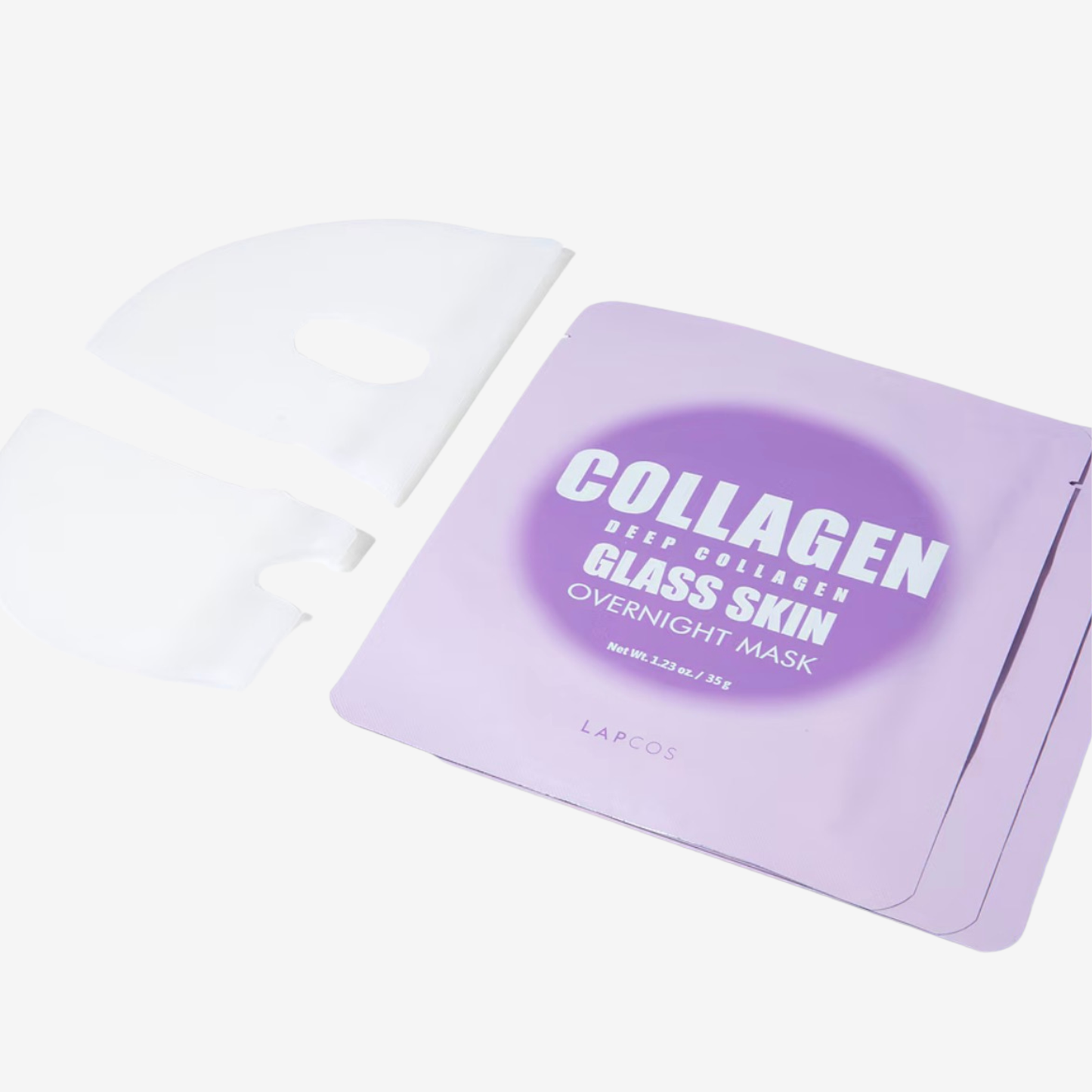 LAPCOS Collagen Glass Skin Overnight Mask packaging in a light purple pouch next to two white sheet masks on a clean white background.