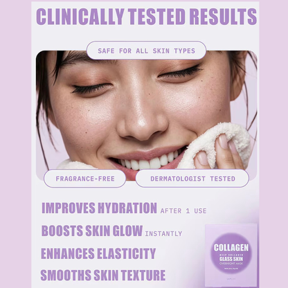 Promotional graphic for a skincare product with a close-up of a woman's face and hand, surrounded by text claiming clinically tested results, safe for all skin types, fragrance-free, and dermatologist tested. A circular badge in the lower right reads Collagen Glass Skin.