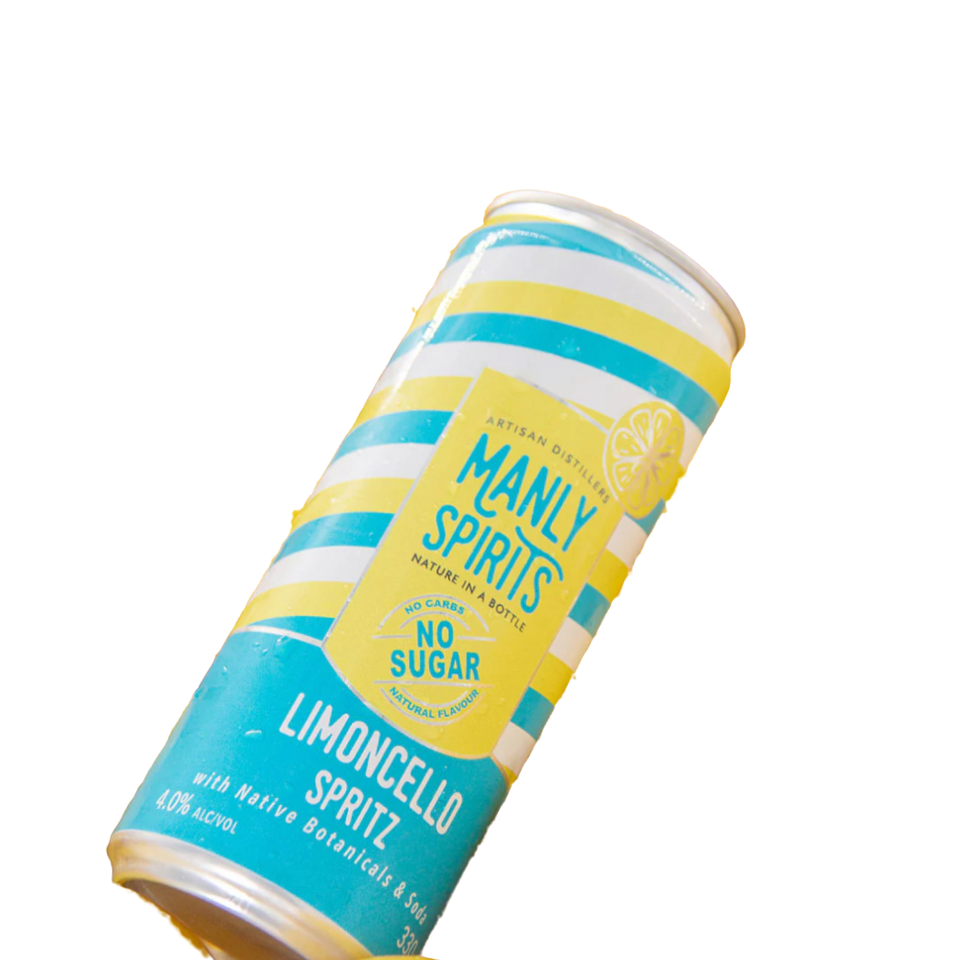 Manly Spirits Limoncello Spritz can with blue and yellow design on a white background