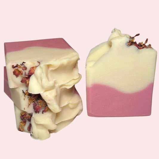 Pink and white rose soap bar with dried rose petals