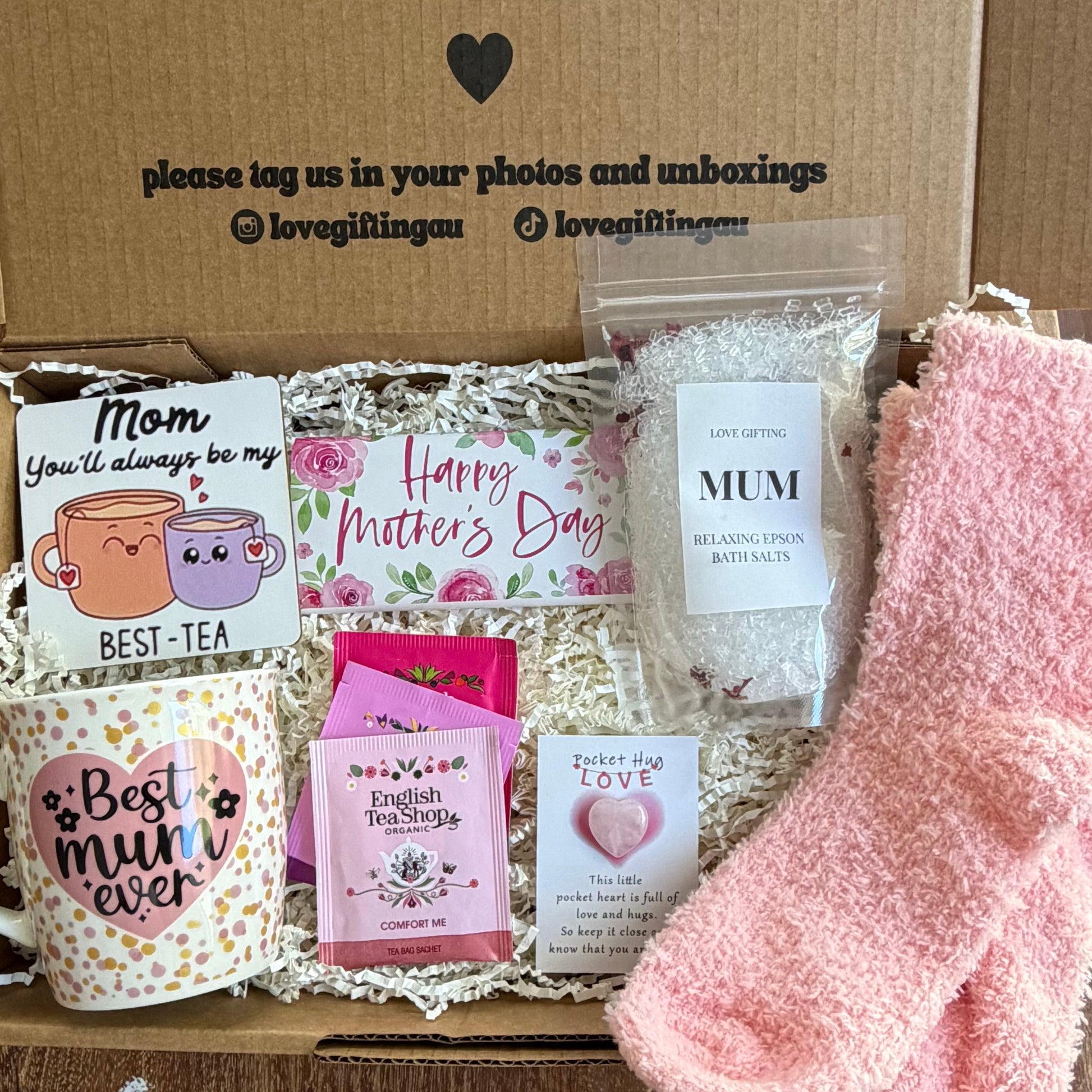 Mothers day gift box with tea and pamper items