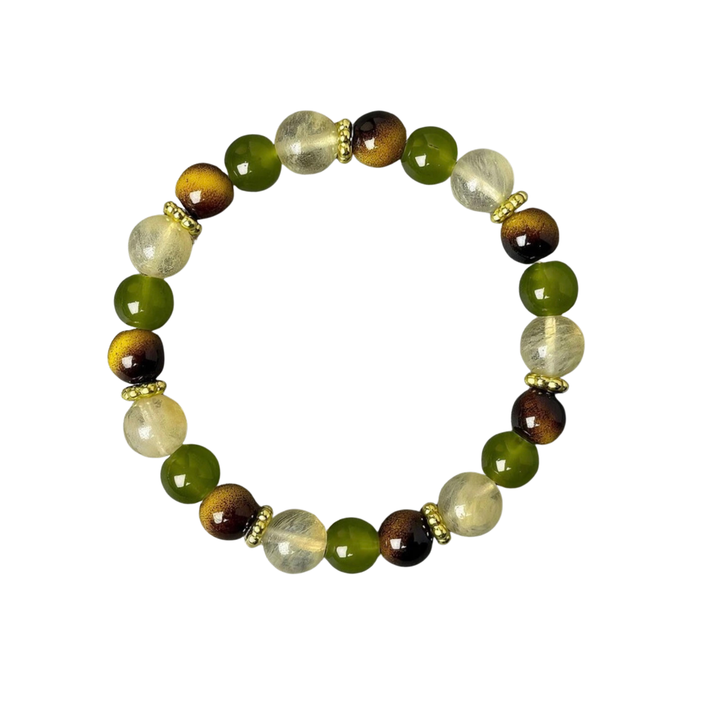 Beaded bracelet with green and brown stones on a white background