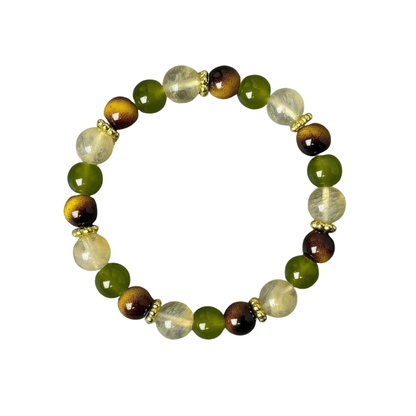 Beaded bracelet with green and brown stones on a white background