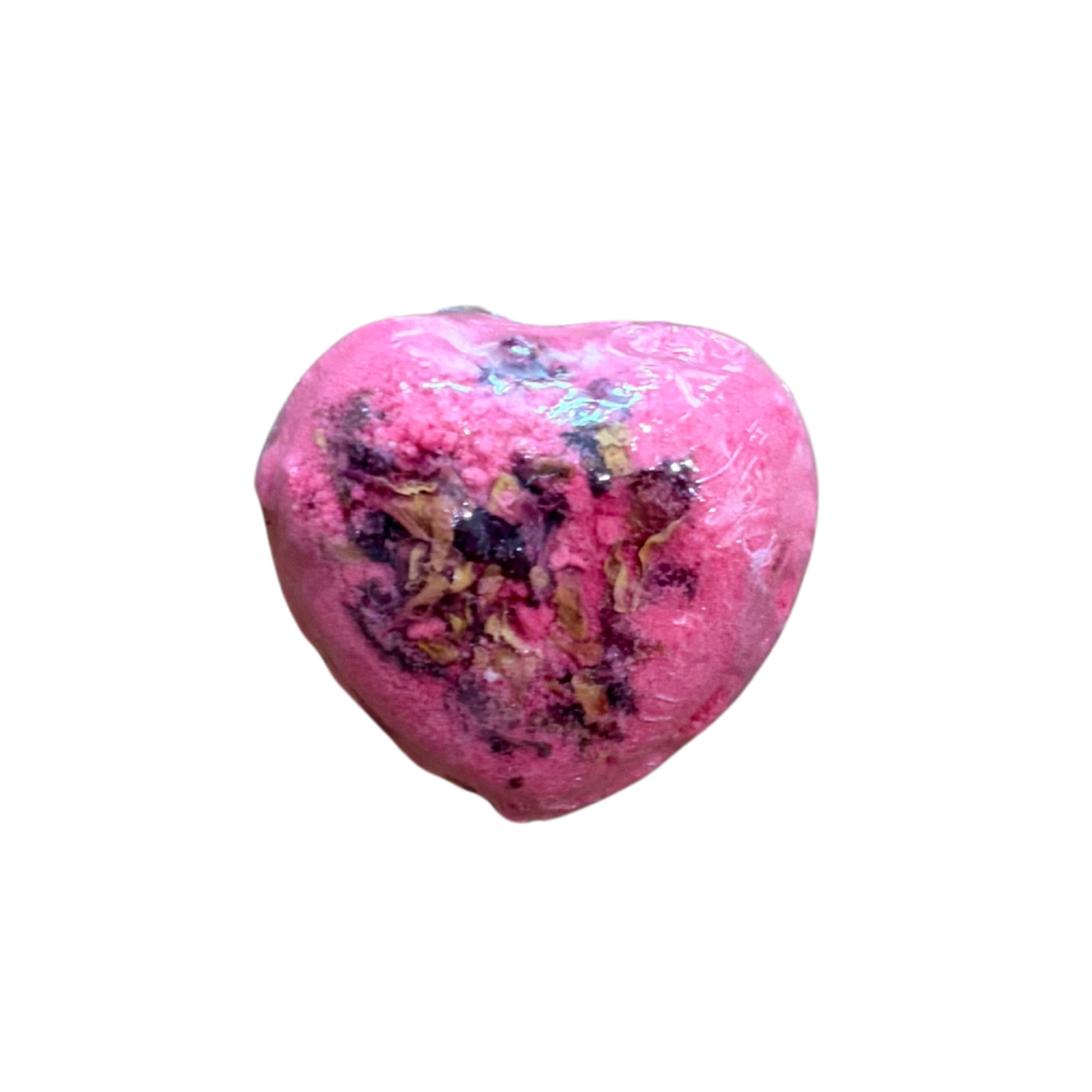 Pink heart-shaped object with a textured surface on a white background