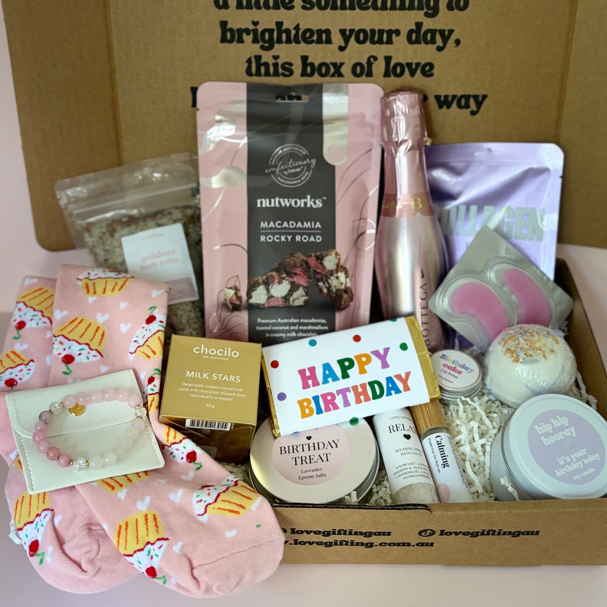 Birthday Mystery Gift Box could include face mask, prosecco, socks, candle, bath bomb etc