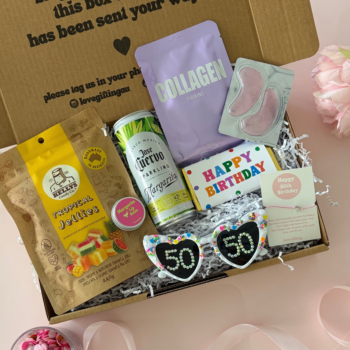 50th Gift box filled with cocktail, maragrota can, facemask, 50th glassses
