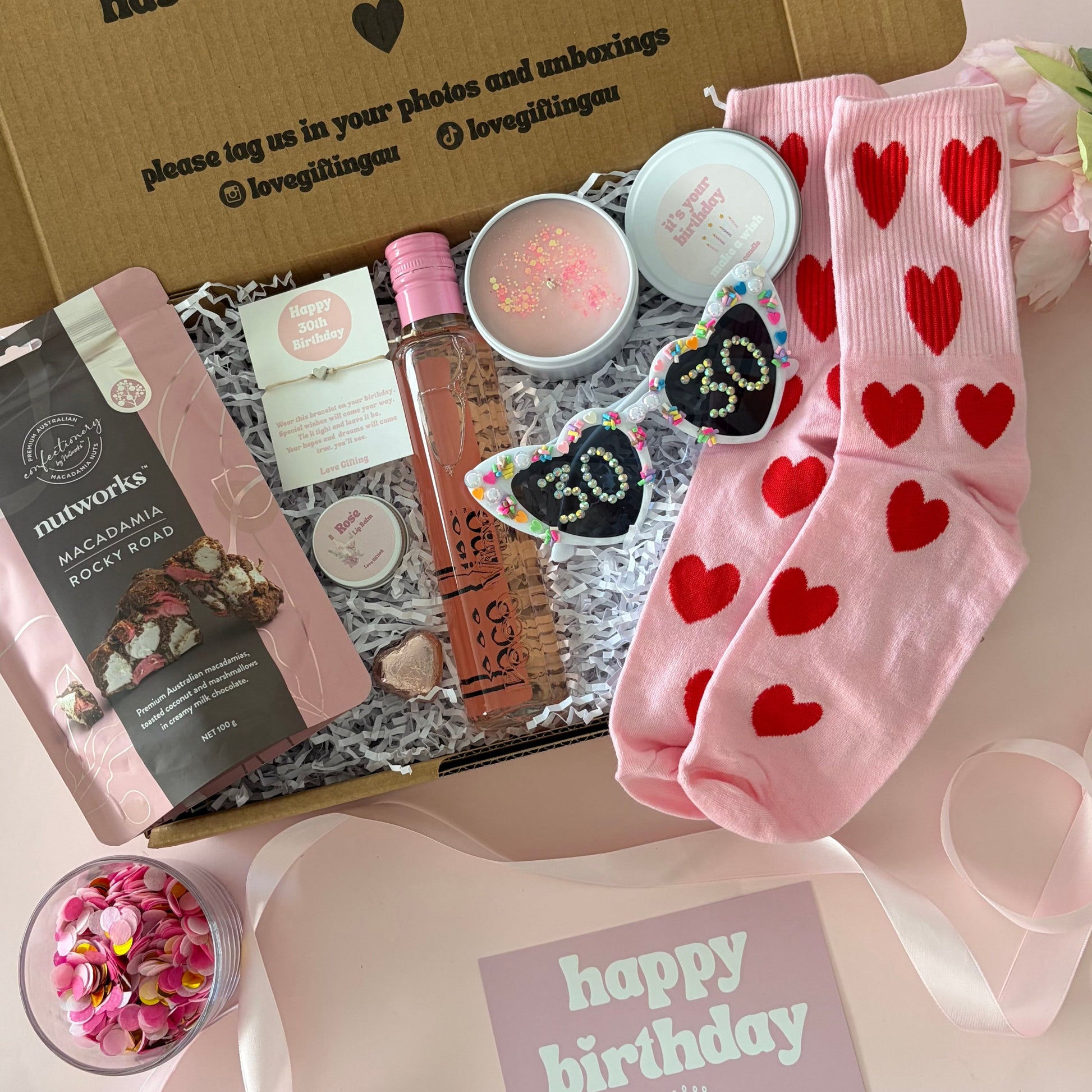 30th birthday fun gift box - rose wine, socks , candle rocky road 
