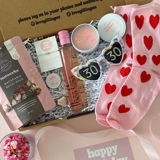 30th birthday fun gift box - rose wine, socks , candle rocky road 