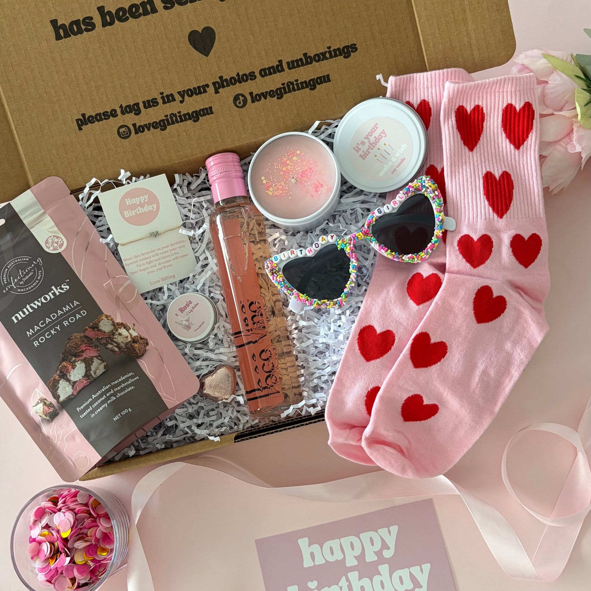 Birthday Rose wine gift box, includes socks, wine, rocky road, glasses, bracelet, candle and lipbalm