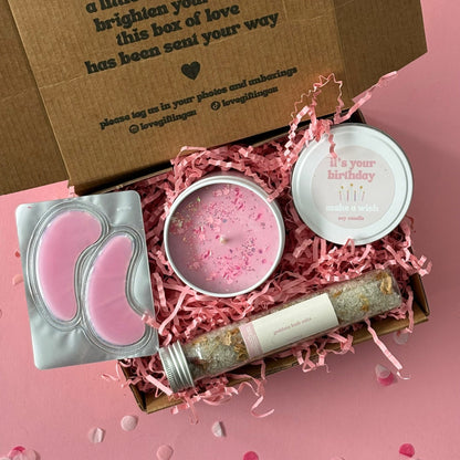 Mini gift box with bath salts, under eye mask, and happy birthday candle