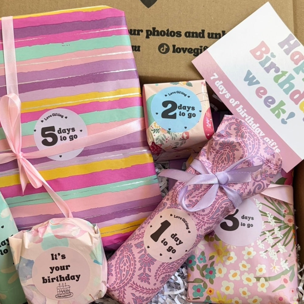 7 Day Birthday Advent Gift Box with seven individually wrapped birthday surprises