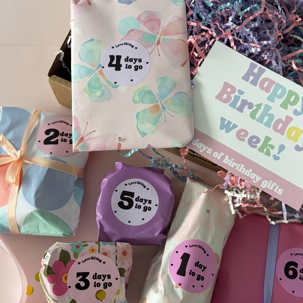 Birthday Advent Gift Box with colourful wrapped gifts to open over 7 days
