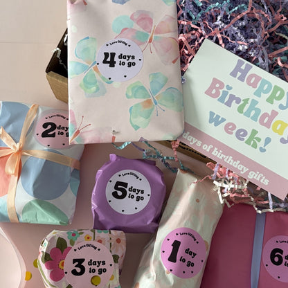 Birthday Advent Gift Box with colourful wrapped gifts to open over 7 days