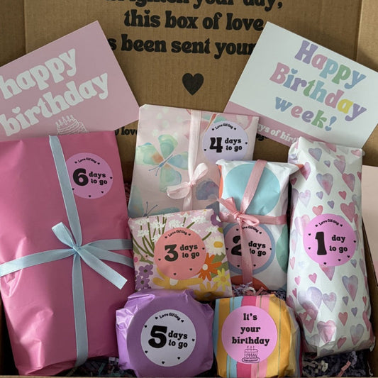 7 Day Birthday Advent Gift Box with individually wrapped birthday gifts
