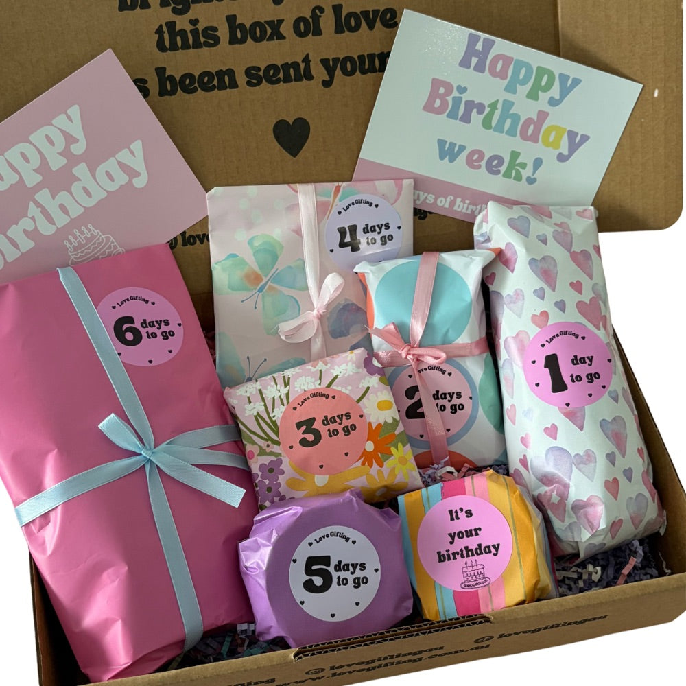 7 Day Birthday Gift Box with wrapped surprises and Happy Birthday Week card
