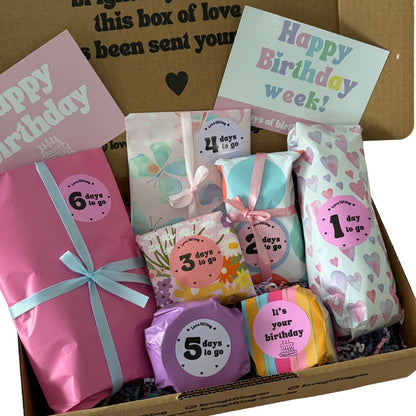 7 Day Birthday Gift Box with wrapped surprises and Happy Birthday Week card