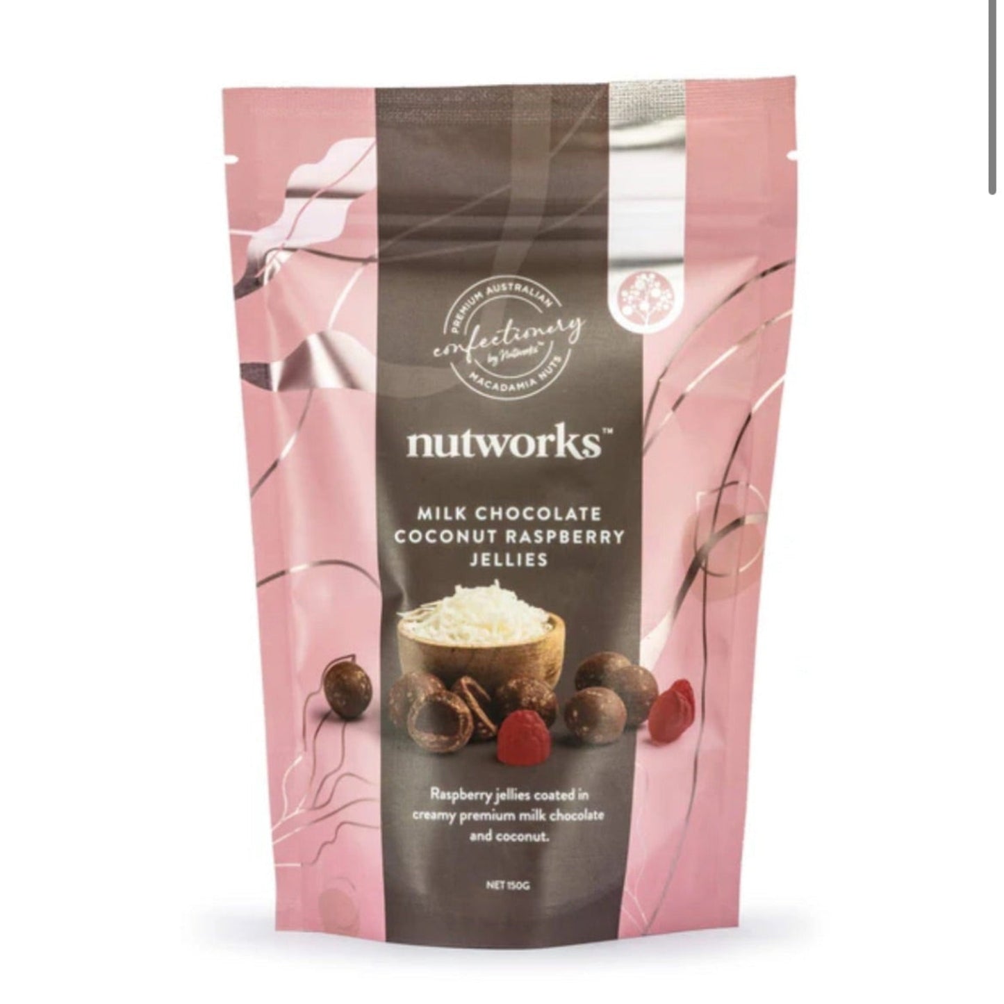 Nutworks milk chocolate coconut raspberry jellies packaging on a white background