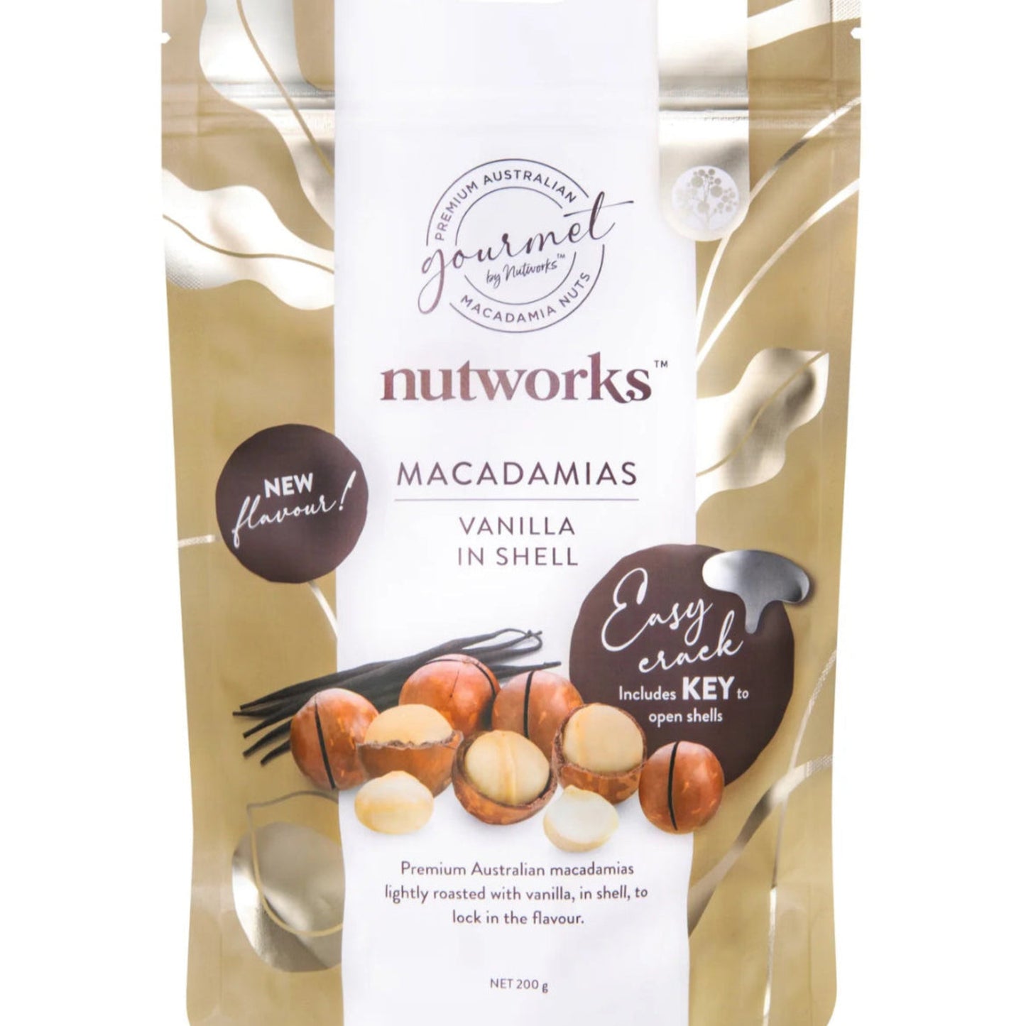 Packaging of Nutworks macadamias in shell with vanilla flavour 