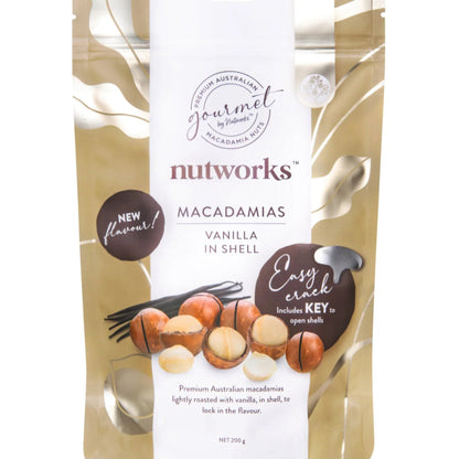 Packaging of Nutworks macadamias in shell with vanilla flavour 