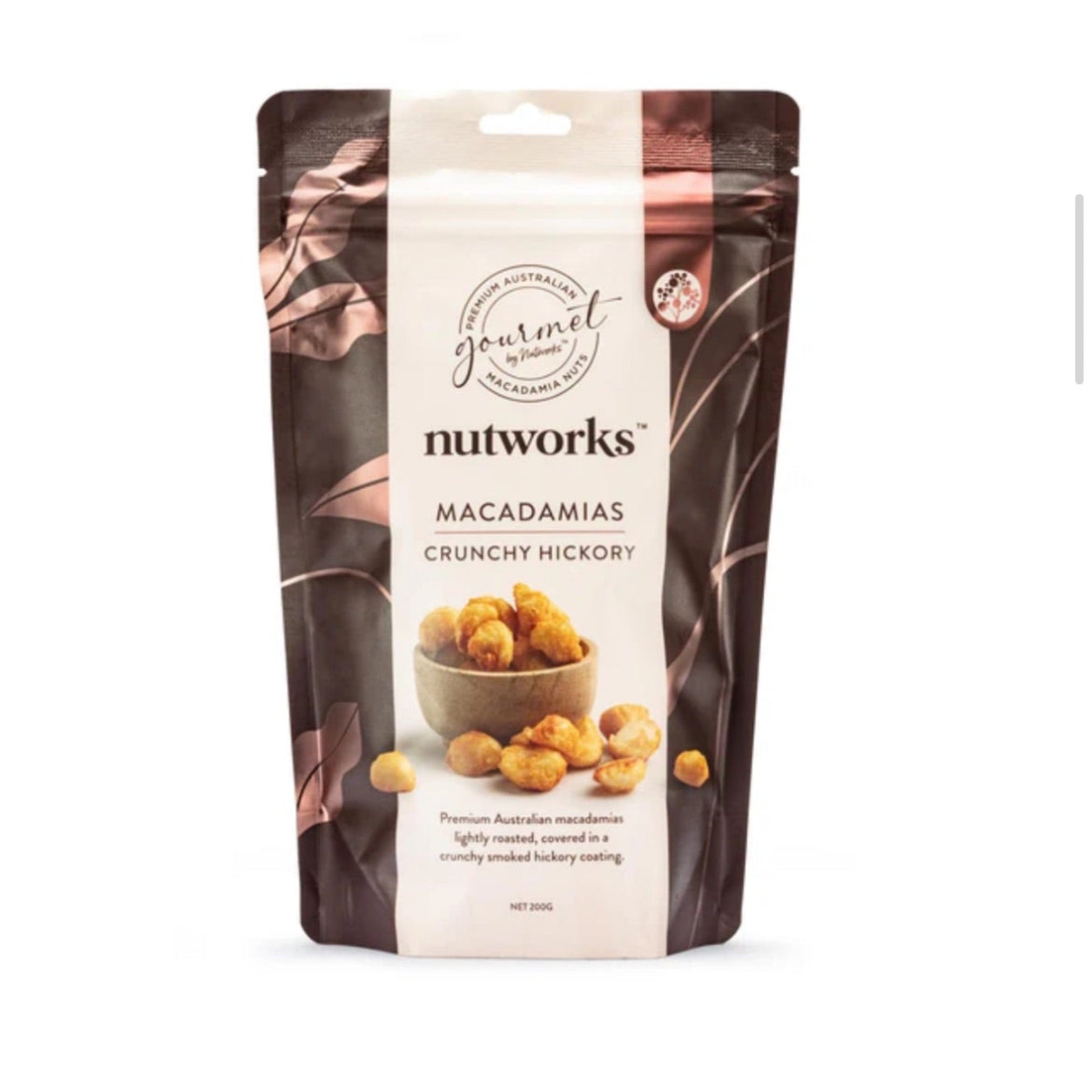Bag of Nutworks macadamias on a white background