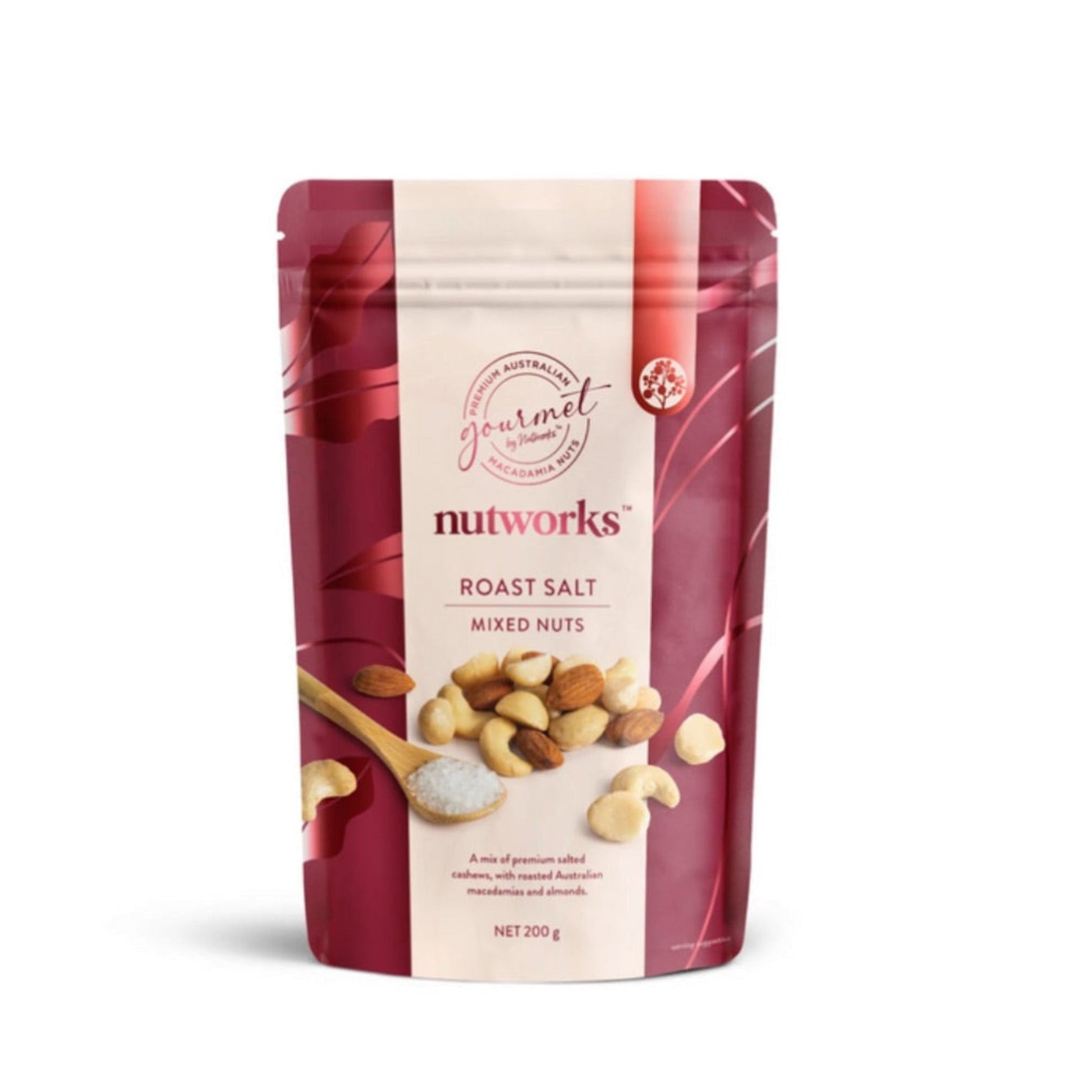 Packaging of Nutworks Roast Salt Mixed Nuts on a white background