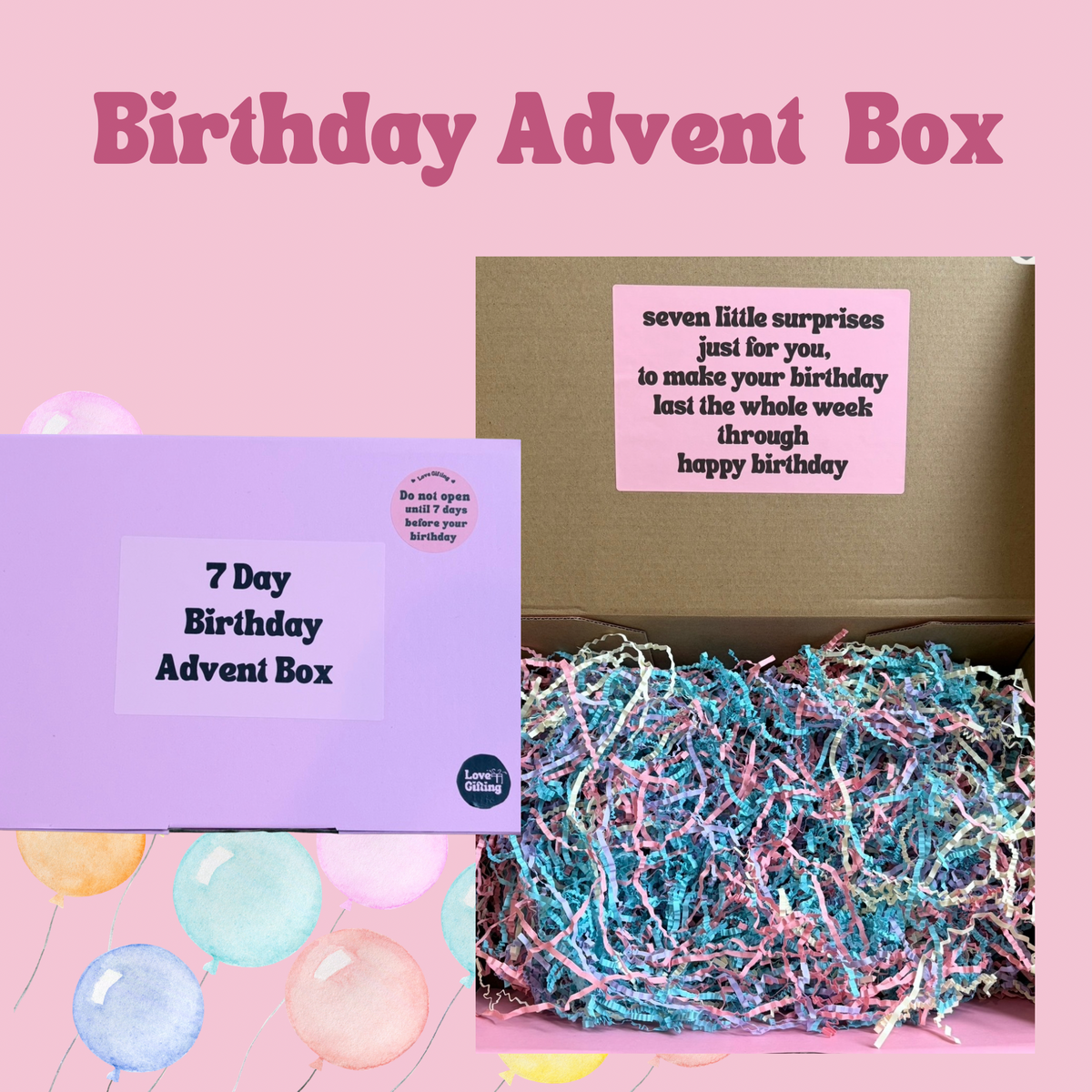 Birthday Advent Box with colorful shreds and text on a pink background