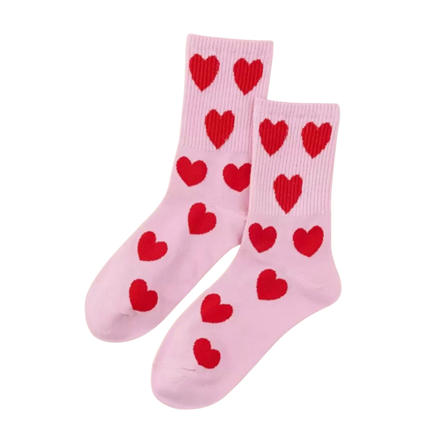 Pink socks with red heart patterns on a white background