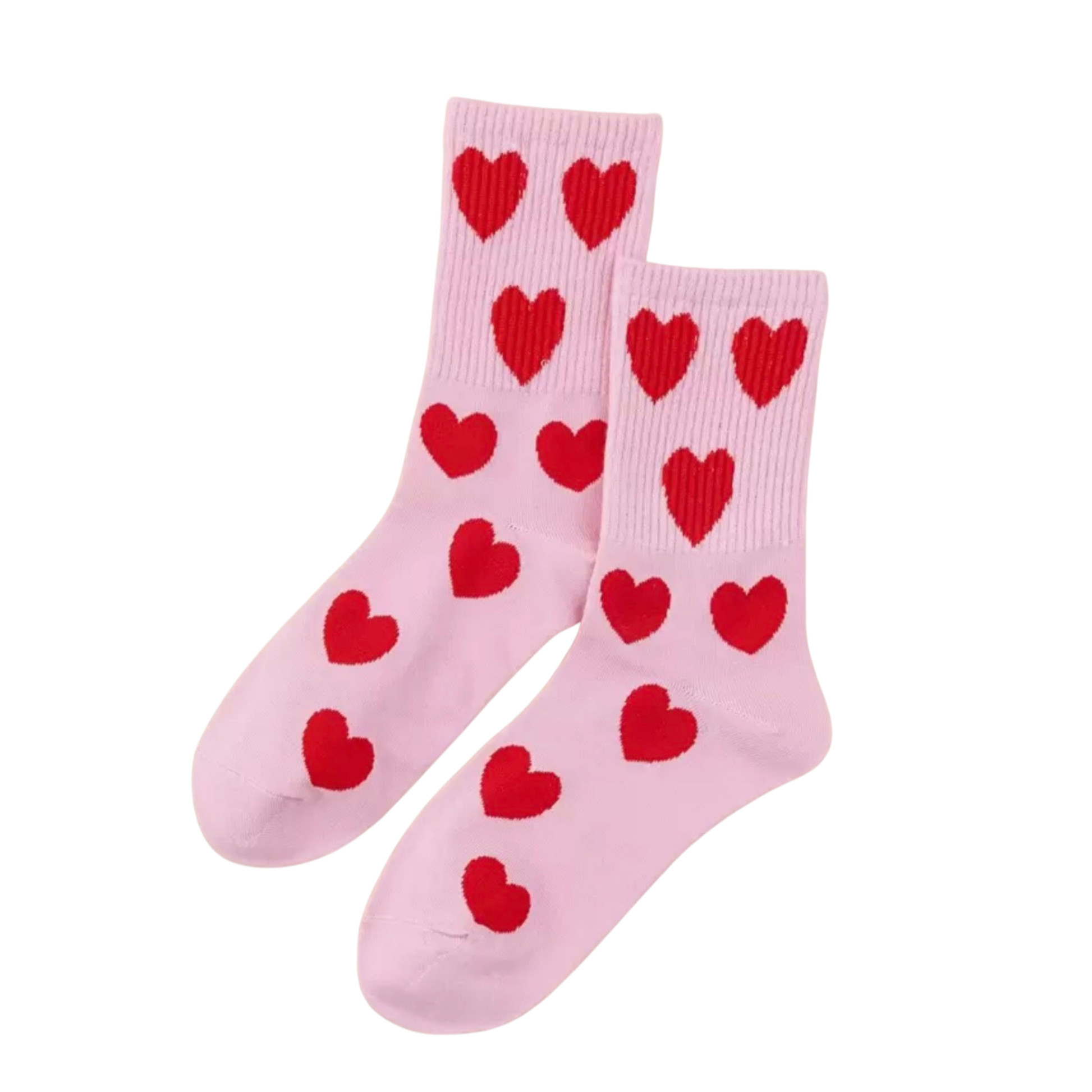 Pink socks with red heart patterns on a white background