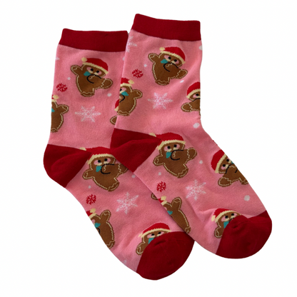 Pink gingerbread Christmas socks with cute festive gingerbread design