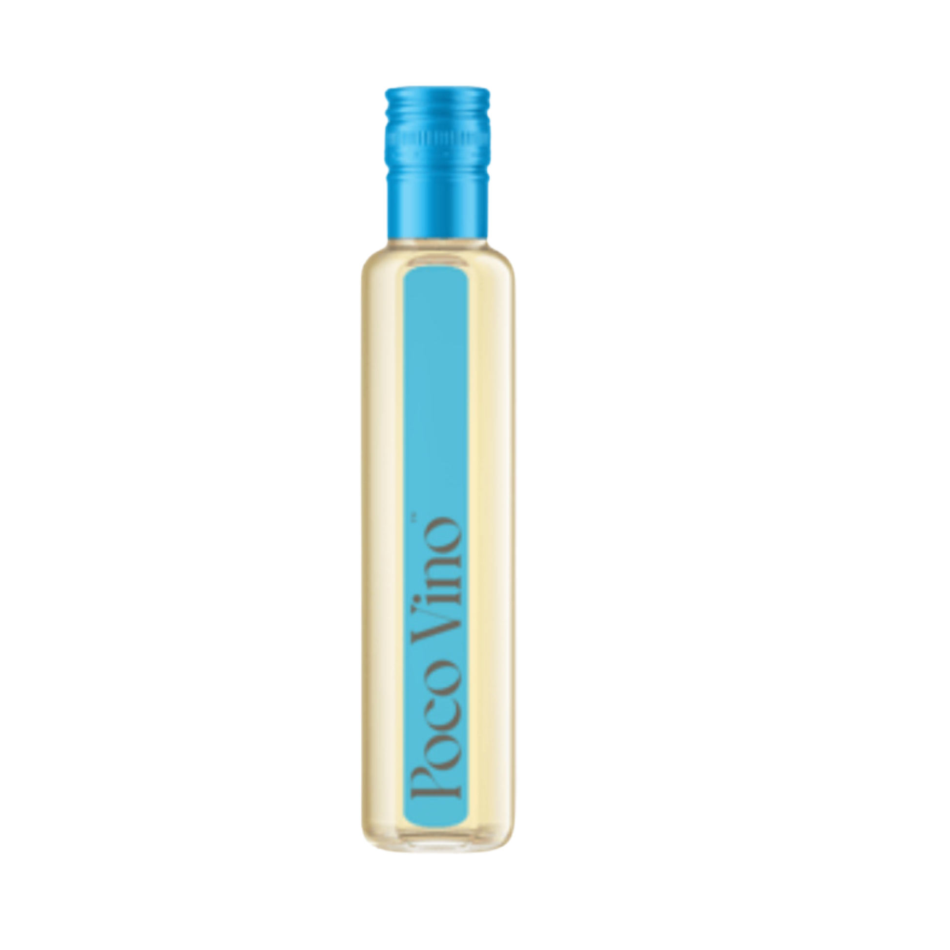 Bottle of Poco Vino with blue label and cap on a white background