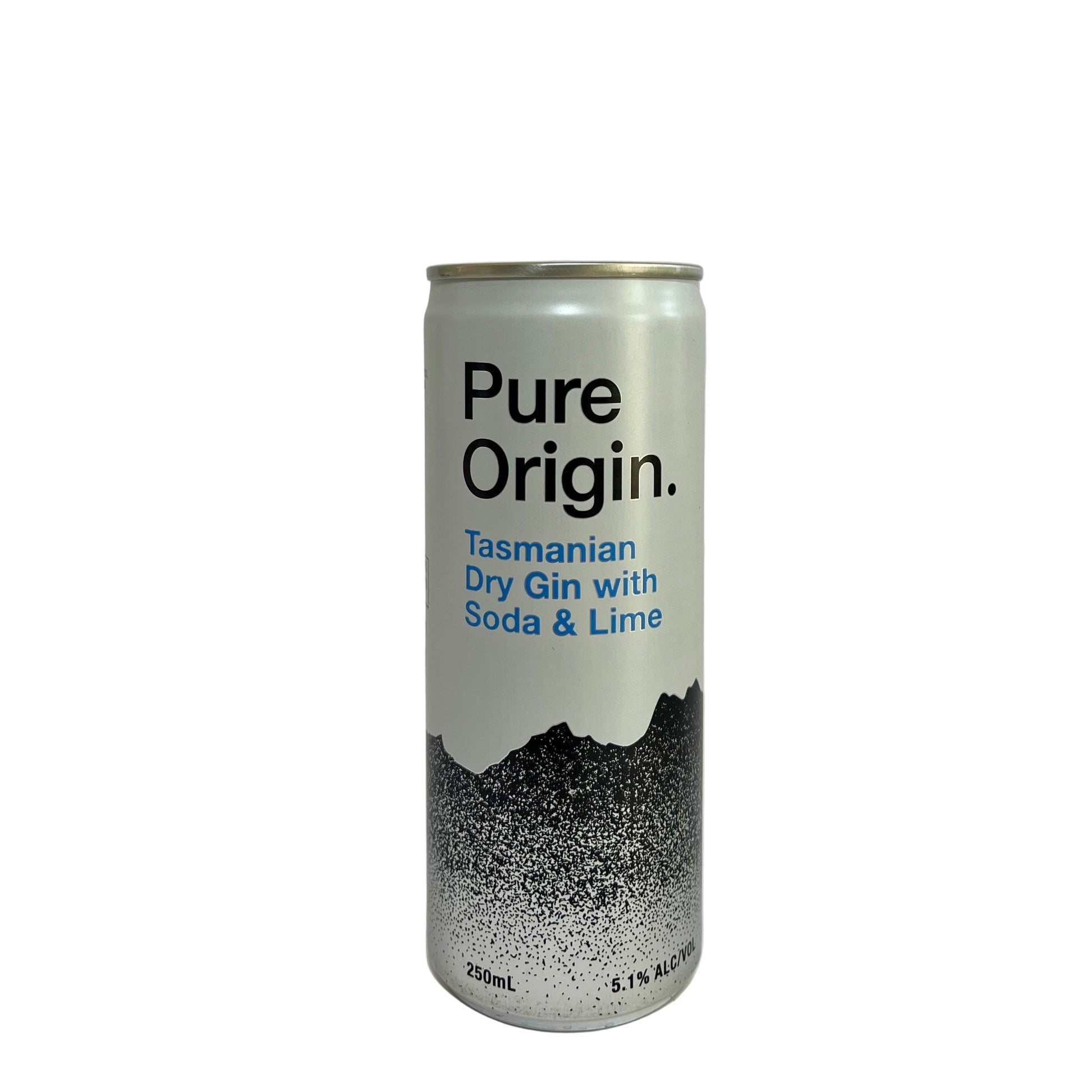 Can of Pure Origin Tasmanian Dry Gin with Soda & Lime on a white background