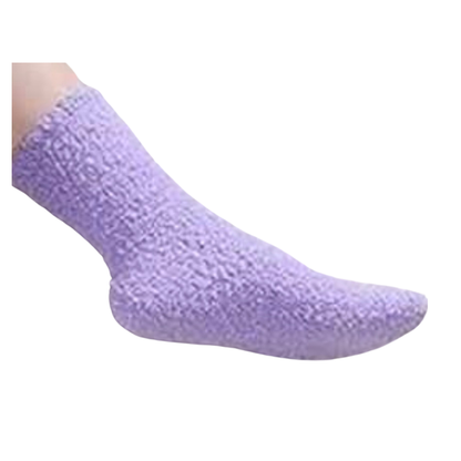 Purple fuzzy sock on a white background
