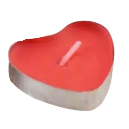 Heart-shaped red candle with a pink wick on a white background