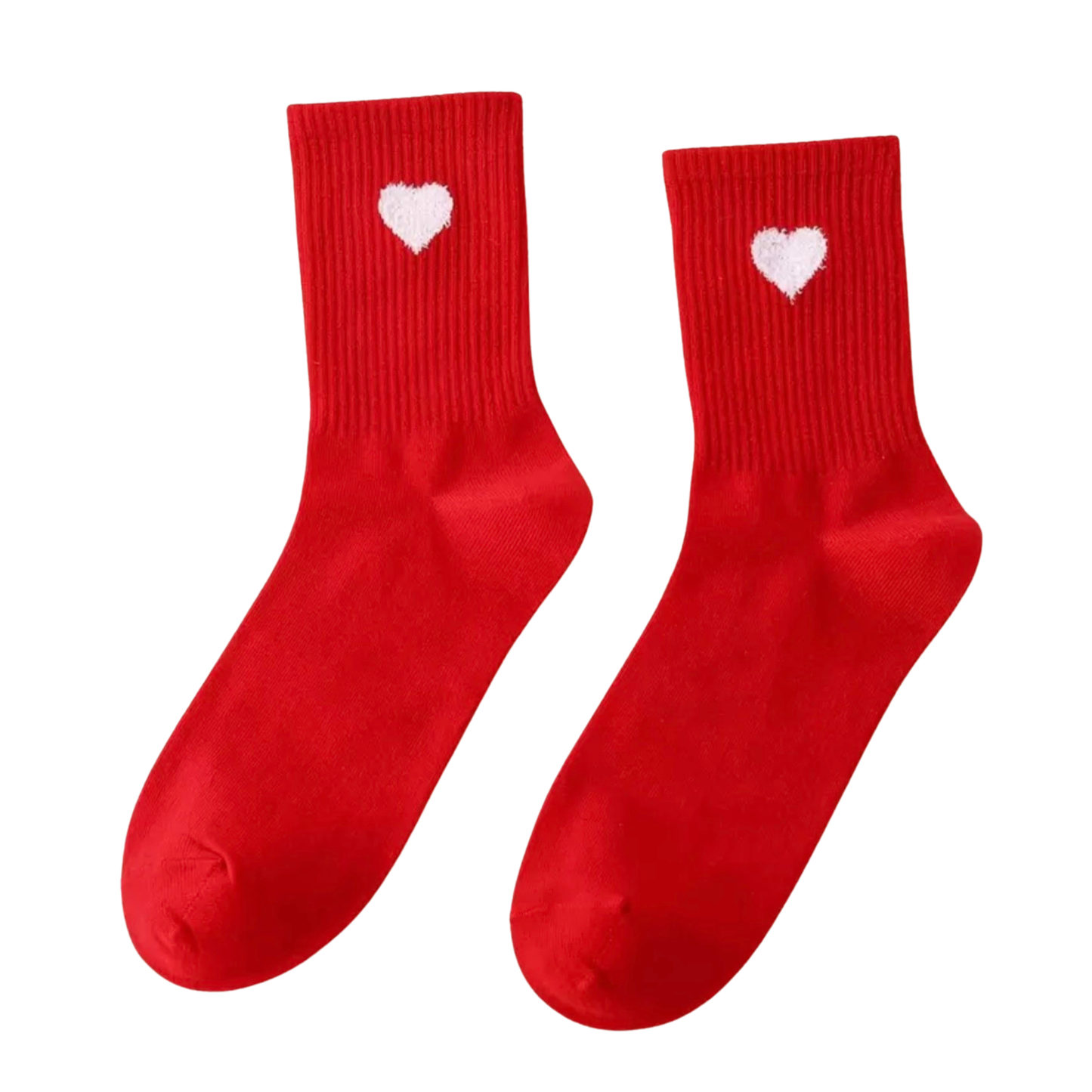 Red socks with white heart designs on a white background