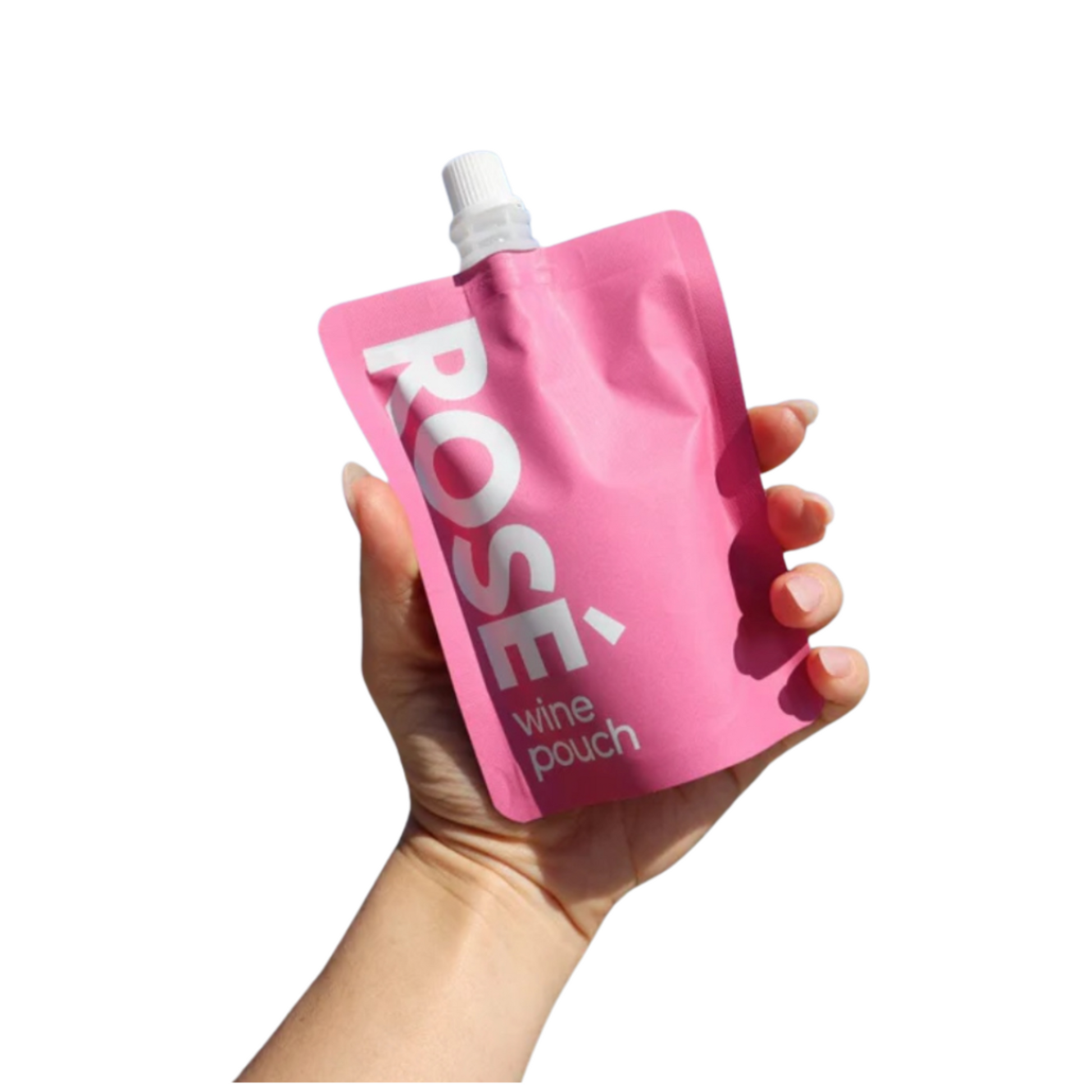 Hand holding a pink 'Rose wine pouch' against a white background