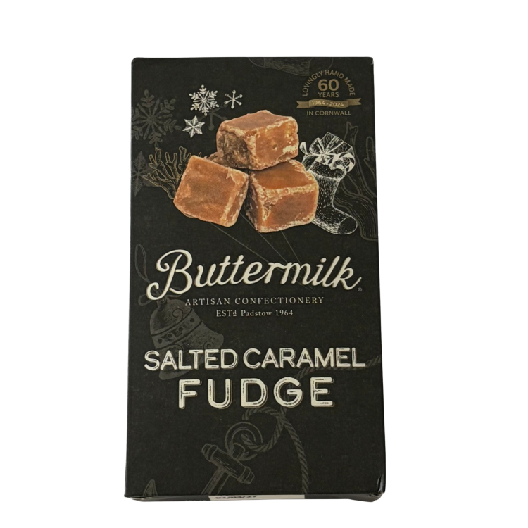 Buttermilk Salted Caramel Fudge in festive black packaging, indulgent sweet treat for men's Christmas gift boxes