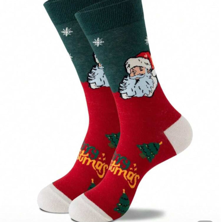 Men's novelty Christmas socks featuring a festive Santa design in red and green, fun Christmas gift box add-on from Love Gifting.